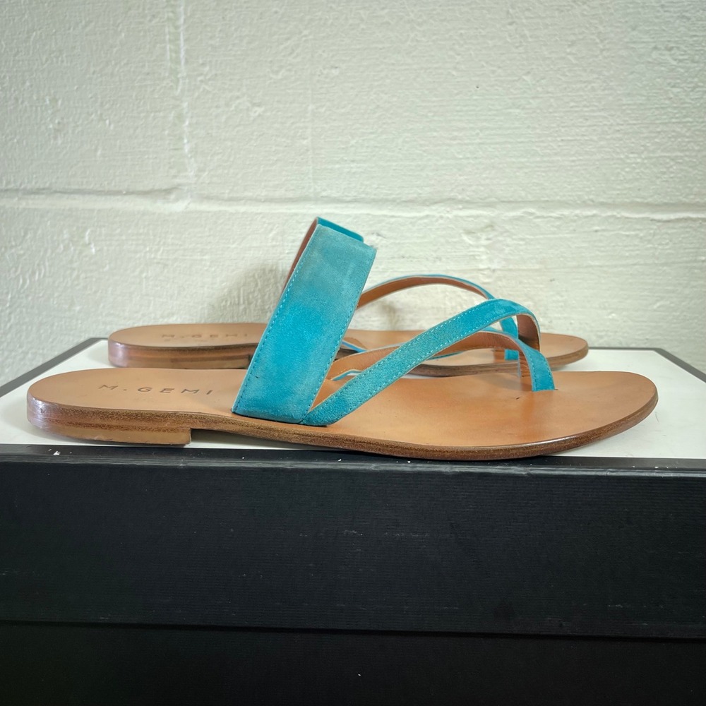 M.Gemi Medio Turquoise Blue Suede Toe Loop Flat Sandals Women's 40 EU/10 US